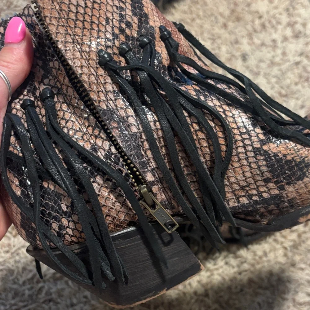 Tony Lama Fringe Snake-Print Ankle Boots - Brown - Picture 5 of 7